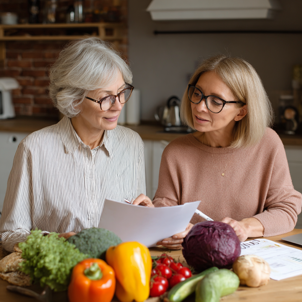 Happy middle-aged Ukrainian woman holding fresh vegetables in modern kitchen